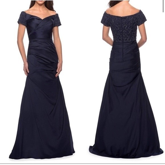 NWOT La Femme | Navy Ruched Beaded Short-Sleeve Formal Elegant Long Gown 8 - Picture 1 of 14